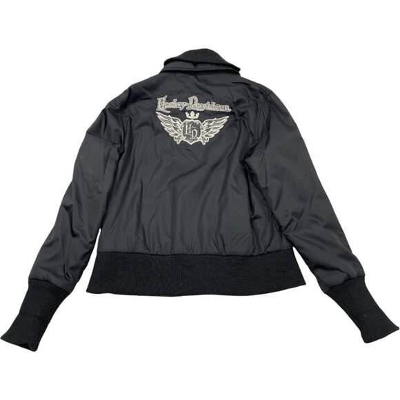 Harley Davidson Black Fall Winter Nylon Embroidered Biker Jacket Women's Large - Picture 1 of 13